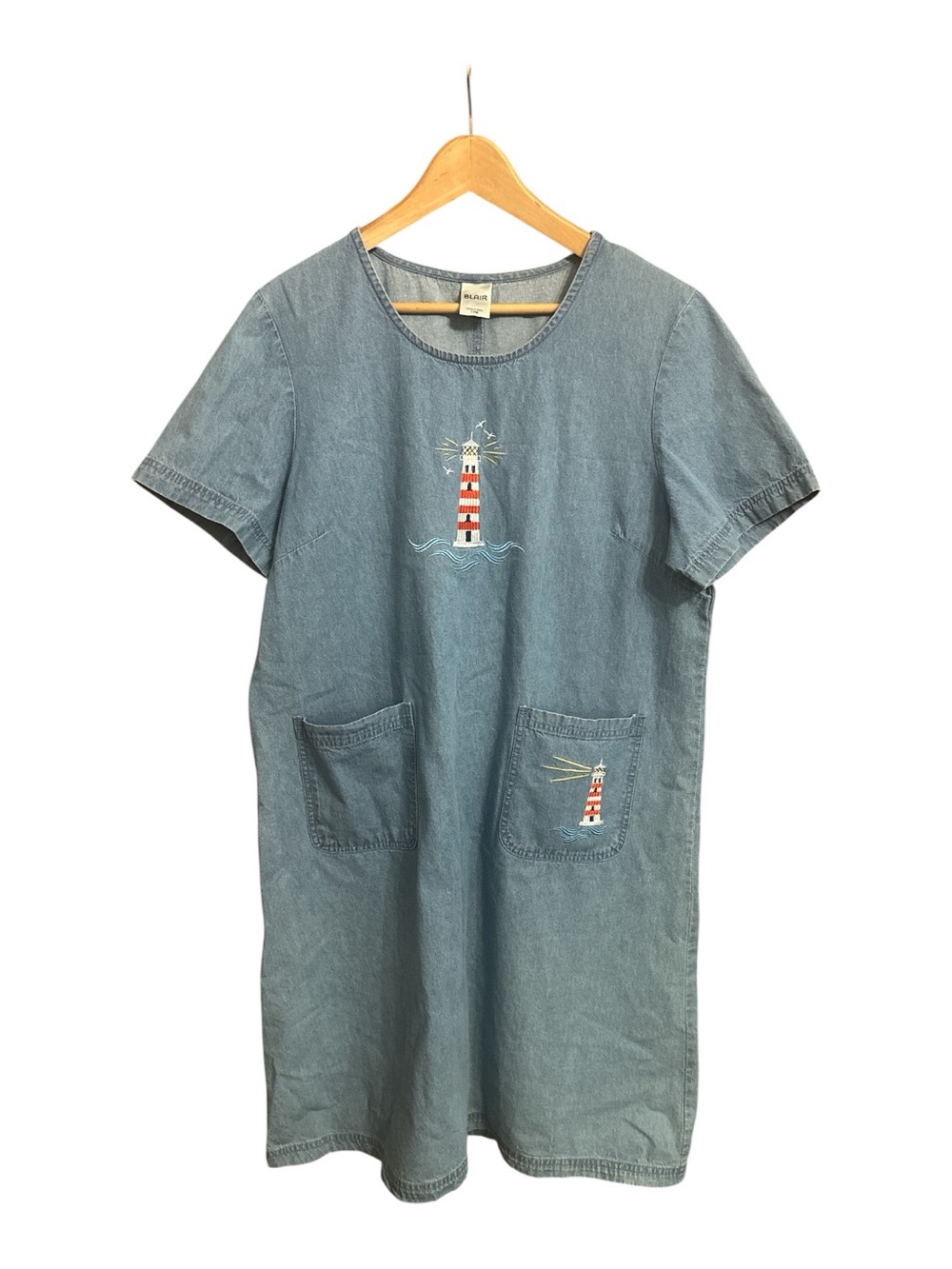 VTG Coastal Denim Dress Large Midi Cottagecore Cotton Resortwear 90s Teacher